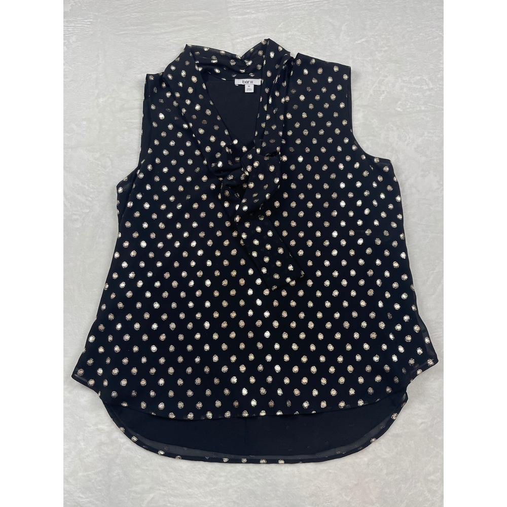 Bar III Womens XL Black Gold Metallic Polka Dot Tie Neck Sleeveless Blouse Shell